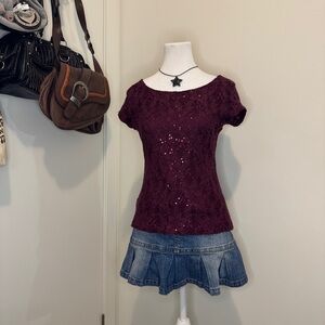 INC International Concepts Burgundy Sequin Lace Top